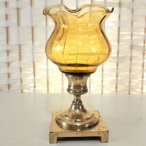 Vintage Seiden Brass Candle Holder & Amber Glass Fluted Globe